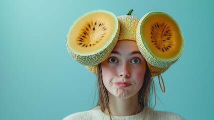 Creative expression with fruit hat design in a colorful studio setting