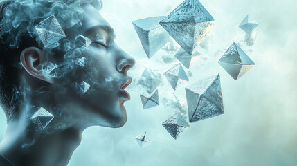 Young man exhaling with floating geometric shapes in a hazy atmosphere