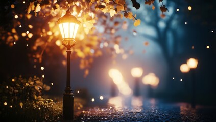 Autumnal park lantern at night, illuminated path