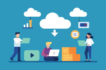 Businessman uses laptop for cloud computing, illustrating a network of people and technology