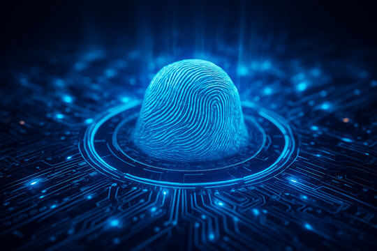 AI generated A glowing 3D fingerprint dome stands on a futuristic digital circuit surface symbolizing advanced biometric authentication and secure data access in cyberspace