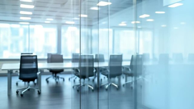 Modern office conference room with glass wall, black swivel chairs around large table in bright meeting room, creating calm professional business workplace interior atmosphere