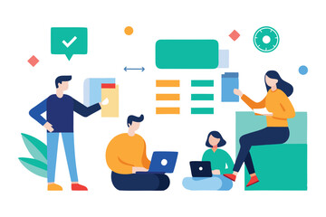 Flat design vector illustration of a social network concept with business people icons and symbols for communication and technology