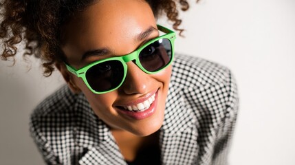 Naklejka premium Cheerful woman in green sunglasses and checkered blazer, smiling confidently against a bright white background.