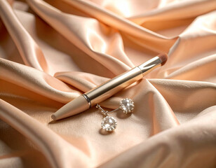 Sculpting Brush and Elegant Earring on Peach Satin A Softly Lit Still Life
