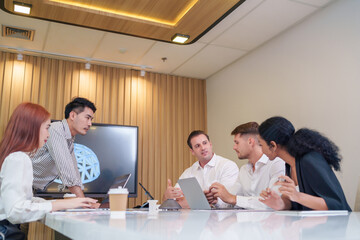 multiracial business people meeting on table in boardroom,discussing,creative to generate domes highly energy efficiency project,structure to reduce global warming,production trends,energy industry