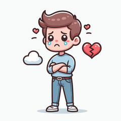 Obraz premium Cartoon drawing of a boy with a sad expression, showing tears and a broken heart, conveying a feeling of heartbreak.