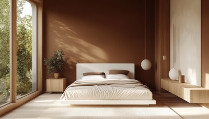 Modern bedroom with large window, natural light, and warm tones