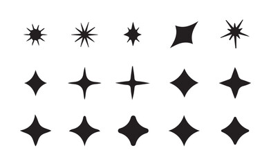 Black Sparkle and Twinkle Icon Set – Vector Star Silhouettes on White Background