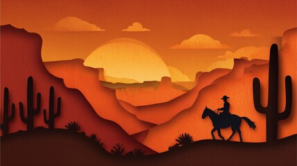 Fototapeta premium wild west sunset cowboy riding horse in desert landscape papercut style illustration with cactus and sunset mountains