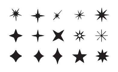 Black Sparkle and Twinkle Icon Set – Vector Star Silhouettes on White Background