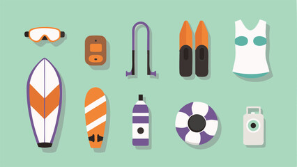Illustration of summer vacation items including surfboards, goggles, flippers, and a swimsuit on green background