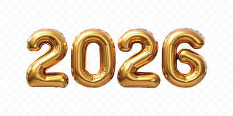 realistic 3d 2026 text made with different gold colour  hellium balloon isolated on transparent background