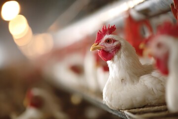 White chicken in a chicken coop with red comb and other chickens in background