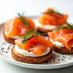 Smoked Salmon Canapés with Cream Cheese and Dill on Toasted Bread
