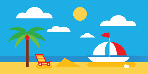 Fototapeta premium A tropical beach vector illustration with palm trees, sun, sand, and ocean waves, perfect for a summer vacation