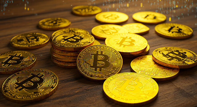 Hyper-Realistic Rustic Still Life of Golden Bitcoin Coins with Blockchain Symbols and Binary Code, Blending Old Currency Aesthetics and Digital Finance Concept for High-End Editorial Stock
