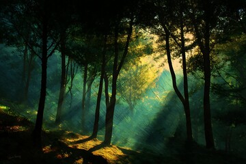 Fototapeta premium sunlight in deep forest with golden light and green trees