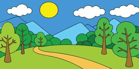 Obraz premium A vibrant summer landscape featuring green hills, trees, and a bright sky with fluffy clouds