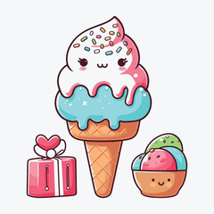 Kawaii ice cream cone with sprinkles and a gift dessert