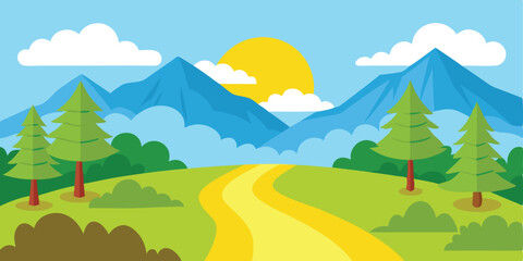 Obraz premium Natural landscape scene with green trees, mountains, and a blue sky with clouds