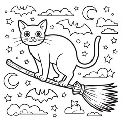 Black Cat Flying on Witch Broom | Spooky Halloween Coloring Page