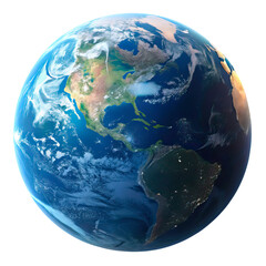 "Planet Earth with detailed continents, blue oceans, and atmospheric glow, realistic texture, isolated on transparent background