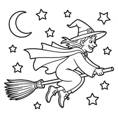 Flying Witch with Stars and Moon | Halloween Line Art Coloring Page