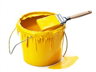 Yellow paint bucket with dripping paint and paintbrush on white background for home improvement