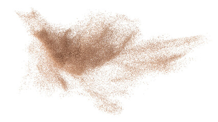 3D rendering of scattered sand granules or fine dirt on transparent background.