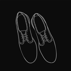 Black and white sketched men's shoes with detailed laces and soles stand out against a dark background. The clean lines and high contrast highlight the footwear's design.