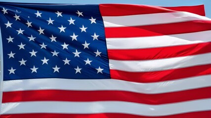 American flag waving in the wind with vibrant colors against a clear blue sky, perfect for patriotic themes and national holidays. - Powered by Adobe
