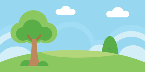 Fototapeta premium A vibrant spring or summer landscape with trees, green grass, and a blue sky with clouds, perfect for nature illustrations