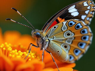 Obraz premium A beautiful butterfly perched on a vibrant orange flower showcases intricate details and colors. The delicate wings are decorated with patterns that make it a stunning focal point in nature's garden