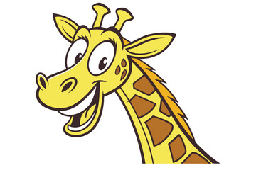 Cartoon giraffe smiles broadly showing its teeth with a happy expression on white