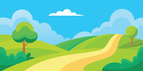 Obraz premium Green summer landscape with trees, rolling hills, and a blue sky with clouds