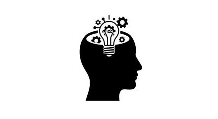 Silhouette Head with Lightbulb and Gears Representing Creative Thinking Process