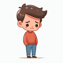 Fototapeta premium Cartoon illustration of a boy who appears to be feeling unhappy. He is standing and dressed in simple clothing.