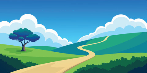 Obraz premium Green summer landscape with rolling hills, blue sky, and a bright sun over a peaceful meadow