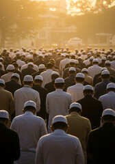 A back view of a morning prayer gathering in an open field with beautiful golden light
