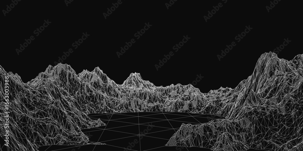 Poster a black and white 3d model of a mountain range features intricate shapes and sharp lines against a d