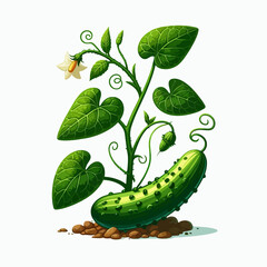 Vivid, digitally created illustration showcasing a cucumber plant, complete with leaves, a flower, and a cucumber. The plant is rooted in soil against a bright white backdrop.