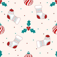 Charming seamless Christmas pattern featuring stockings, holly leaves, and festive baubles on a light background. Great for seasonal wrapping paper, fabric, and digital projects.