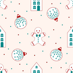  seamless Christmas pattern with gingerbread man, baubles, and cozy houses in soft festive colors. Ideal for holiday packaging, cards, and textile designs.