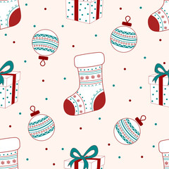 Festive seamless Christmas pattern featuring gift boxes, stockings, and baubles in red, teal, and white on a soft background. Perfect for holiday wrapping paper, fabric, and seasonal designs.