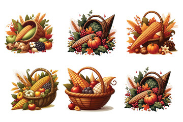 Naklejka premium Autumn harvest cornucopia and baskets vector