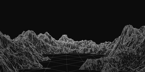 A black and white 3D model of a mountain range features intricate shapes and sharp lines against a dark background. The abstract design creates a striking contrast with its geometric complexity.