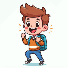 Fototapeta premium Cartoon illustration of a boy in a casual outfit, carrying a backpack, exhibiting a happy and excited expression, designed for a positive representation of a child.
