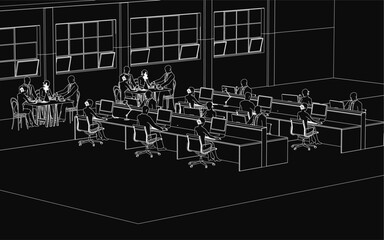 A black and white drawing depicts a spacious office with people working at desks equipped with computers and monitors. Tables hold various office objects, while large windows line the back wall.