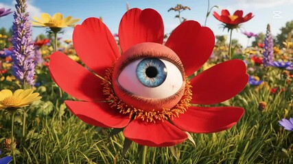Surrealism. The red flower with an eye watching at the field. - Powered by Adobe